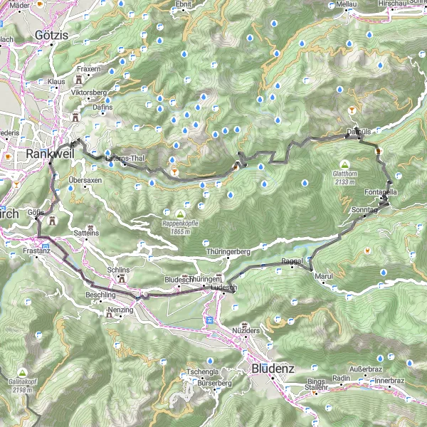 Mapa miniatúra "Okruh na ceste z Göfisu" cyklistická inšpirácia v Vorarlberg, Austria. Vygenerované cyklistickým plánovačom trás Tarmacs.app
