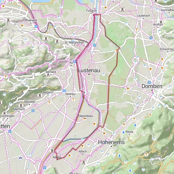 Miniaturní mapa "Gravel trasa k Diepoldsau" inspirace pro cyklisty v oblasti Vorarlberg, Austria. Vytvořeno pomocí plánovače tras Tarmacs.app