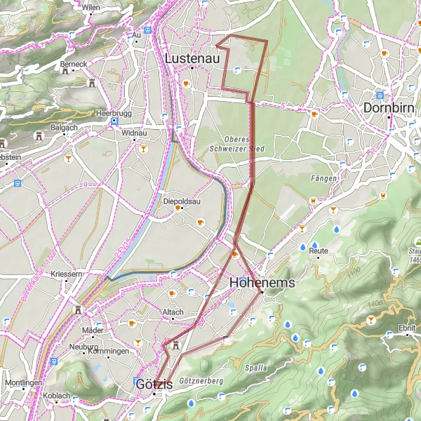 Miniatua del mapa de inspiración ciclista "Ruta de ciclismo de gravilla Götzis - Soele - Götzis" en Vorarlberg, Austria. Generado por Tarmacs.app planificador de rutas ciclistas