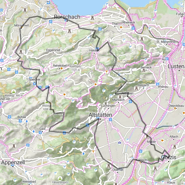 Miniatuurkaart van de fietsinspiratie "Avontuurlijke rit naar Kummenberg, Koblach en Rorschach" in Vorarlberg, Austria. Gemaakt door de Tarmacs.app fietsrouteplanner