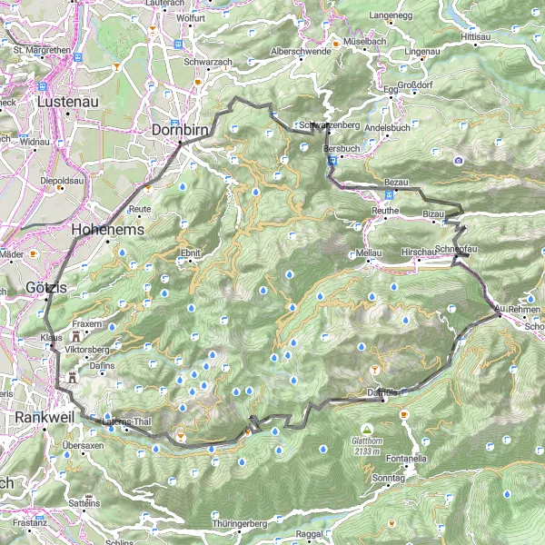 Miniatua del mapa de inspiración ciclista "Ruta en Carretera: Soele - Hohenems - Losenpaß - Schwarzenberg - Bizau - Schnepfegg - Damüls - Furkajoch - Laterns-Thal - Ganta" en Vorarlberg, Austria. Generado por Tarmacs.app planificador de rutas ciclistas