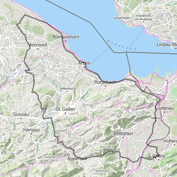 Miniatura della mappa di ispirazione al ciclismo "Götzis - Appenzell Road Cycling Tour" nella regione di Vorarlberg, Austria. Generata da Tarmacs.app, pianificatore di rotte ciclistiche