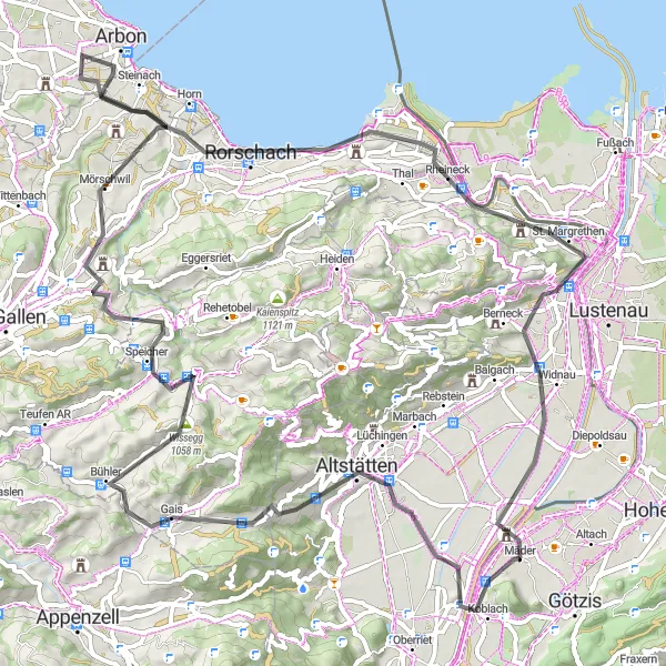 Miniatura della mappa di ispirazione al ciclismo "Götzis - Arbon - Rorschach" nella regione di Vorarlberg, Austria. Generata da Tarmacs.app, pianificatore di rotte ciclistiche