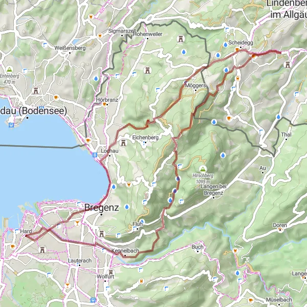 Karttaminiaatyyri "Pyöräilytie Böserscheidegg ja Trögerhöhe kautta" pyöräilyinspiraatiosta alueella Vorarlberg, Austria. Luotu Tarmacs.app pyöräilyreittisuunnittelijalla