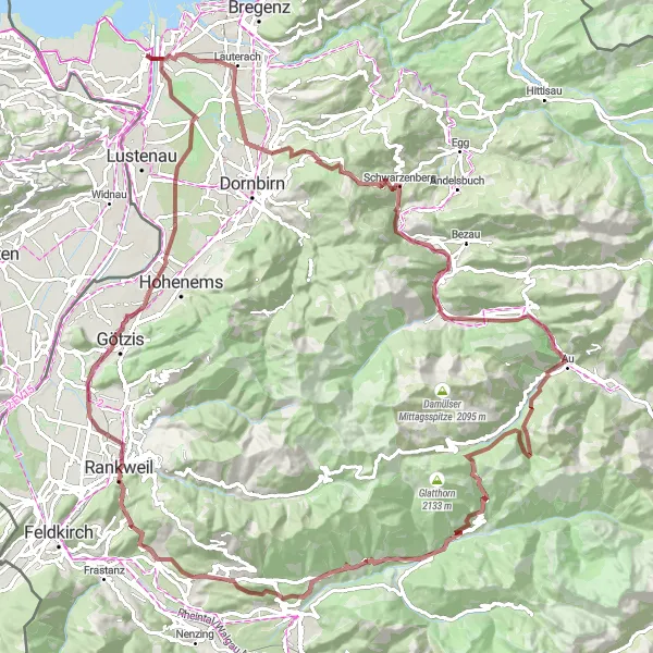 Map miniature of "Gravel Adventure through Alpine Landscapes" cycling inspiration in Vorarlberg, Austria. Generated by Tarmacs.app cycling route planner