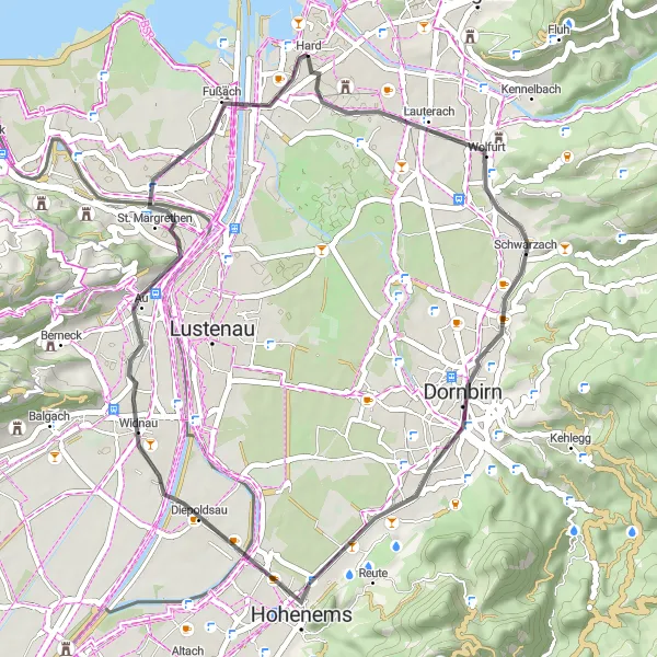 Miniaturní mapa "Poklidná cesta po Vorarlbersku" inspirace pro cyklisty v oblasti Vorarlberg, Austria. Vytvořeno pomocí plánovače tras Tarmacs.app