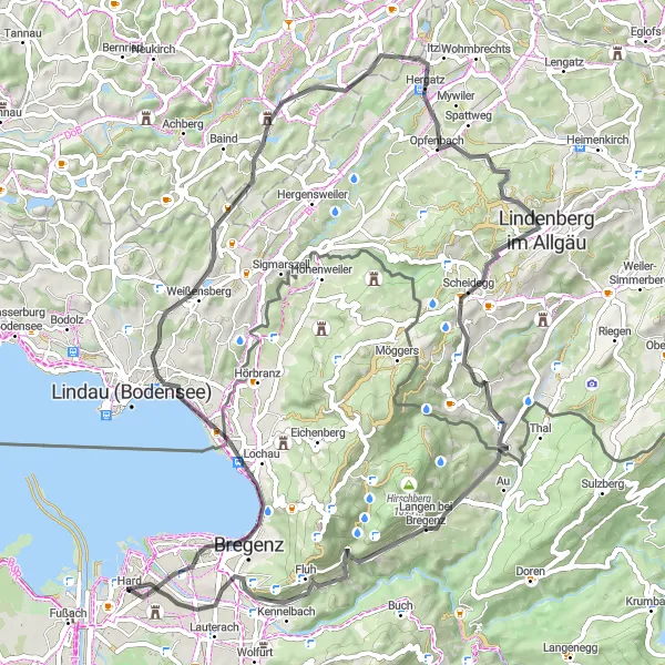 Miniature de la carte de l'inspiration cycliste "Parcours de la Colline Blanche" dans la Vorarlberg, Austria. Générée par le planificateur d'itinéraire cycliste Tarmacs.app