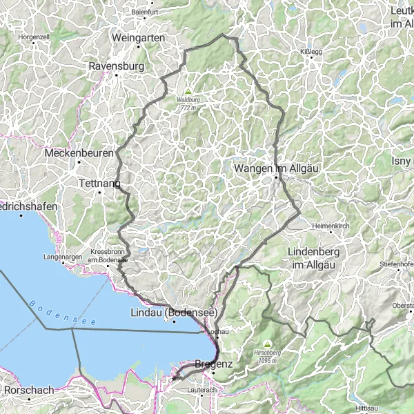 Map miniature of "Lake Constance and Alpine Views" cycling inspiration in Vorarlberg, Austria. Generated by Tarmacs.app cycling route planner