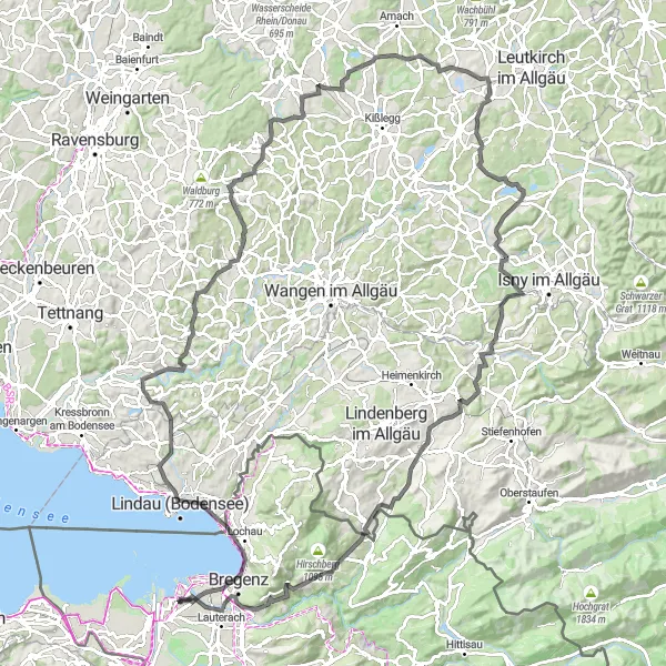 Miniatura della mappa di ispirazione al ciclismo "Grande Giro delle Alpi Vorarlberghesi" nella regione di Vorarlberg, Austria. Generata da Tarmacs.app, pianificatore di rotte ciclistiche