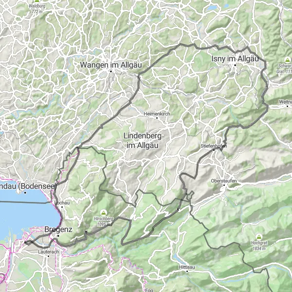 Karten-Miniaturansicht der Radinspiration "Bregenz - Hasenberg - Doren Rundfahrt" in Vorarlberg, Austria. Erstellt vom Tarmacs.app-Routenplaner für Radtouren