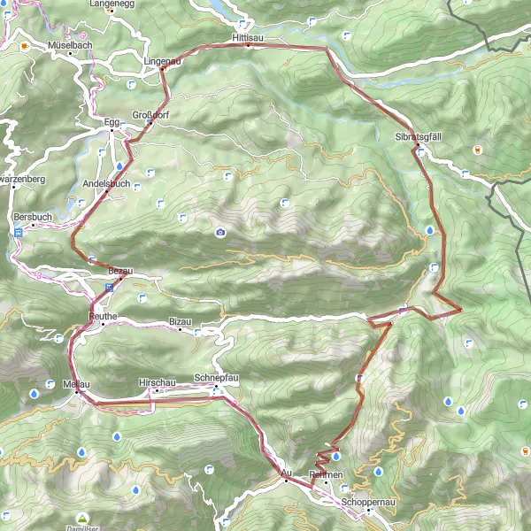 Miniaturekort af cykelinspirationen "Gennemfarende Grusstier" i Vorarlberg, Austria. Genereret af Tarmacs.app cykelruteplanlægger