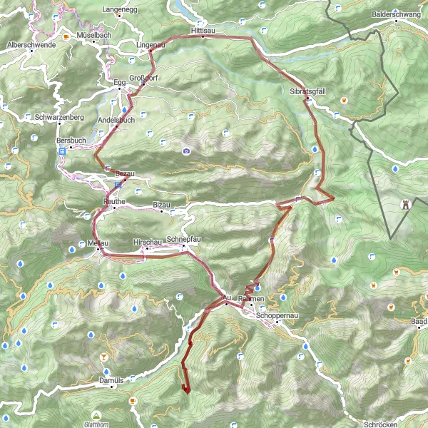 Karttaminiaatyyri "Hittisau - Kapelle - Mellau - Rotenberg Gravel Loop" pyöräilyinspiraatiosta alueella Vorarlberg, Austria. Luotu Tarmacs.app pyöräilyreittisuunnittelijalla