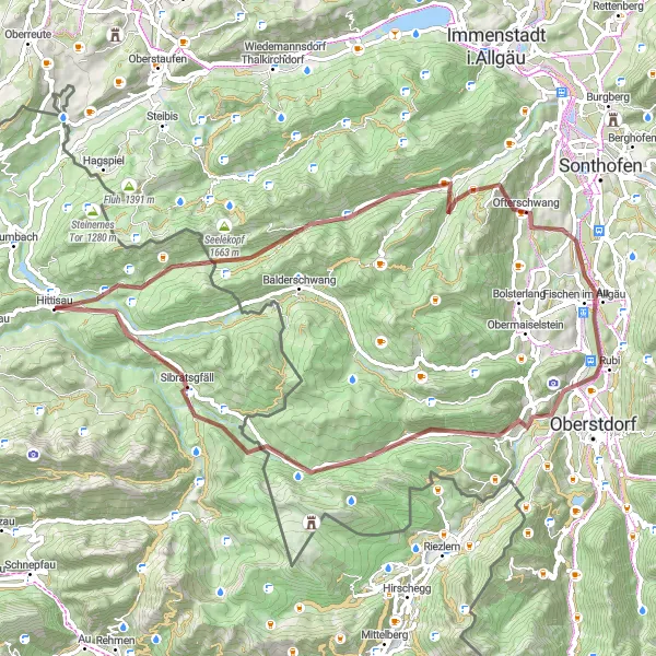 Miniaturní mapa "Gravelová cyklistická trasa kolem Hittisau" inspirace pro cyklisty v oblasti Vorarlberg, Austria. Vytvořeno pomocí plánovače tras Tarmacs.app