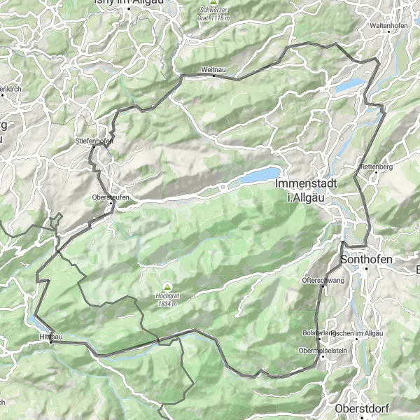 Miniature de la carte de l'inspiration cycliste "Tour des Châteaux en Vorarlberg" dans la Vorarlberg, Austria. Générée par le planificateur d'itinéraire cycliste Tarmacs.app