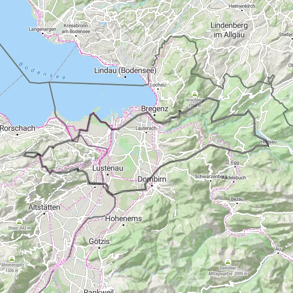 Miniatura della mappa di ispirazione al ciclismo "Giro in bicicletta Hittisau - Wolfhalden - Doren - Bregenz" nella regione di Vorarlberg, Austria. Generata da Tarmacs.app, pianificatore di rotte ciclistiche