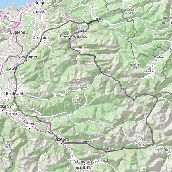 Miniatuurkaart van de fietsinspiratie "Ultieme fietsuitdaging" in Vorarlberg, Austria. Gemaakt door de Tarmacs.app fietsrouteplanner