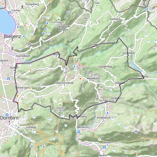 Miniaturní mapa "Silniční cyklistická trasa kolem Hittisau" inspirace pro cyklisty v oblasti Vorarlberg, Austria. Vytvořeno pomocí plánovače tras Tarmacs.app
