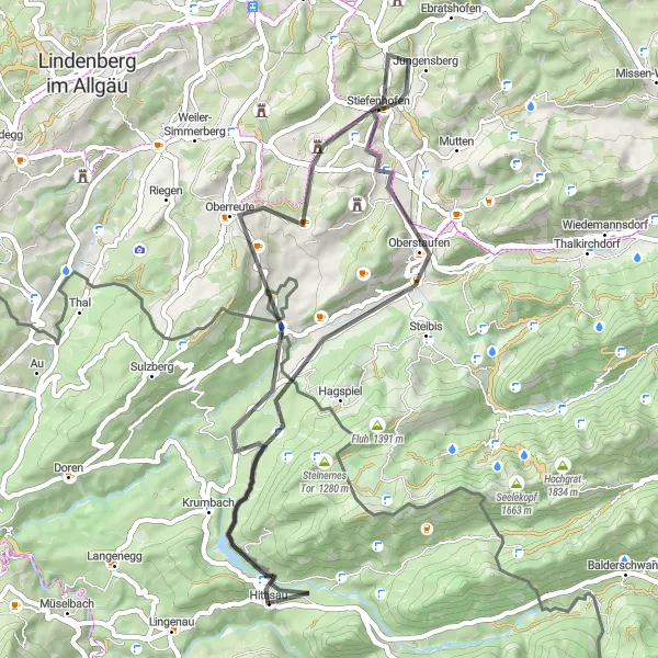 Miniaturní mapa "Silniční Cyklistická Trasa od Hittisau" inspirace pro cyklisty v oblasti Vorarlberg, Austria. Vytvořeno pomocí plánovače tras Tarmacs.app