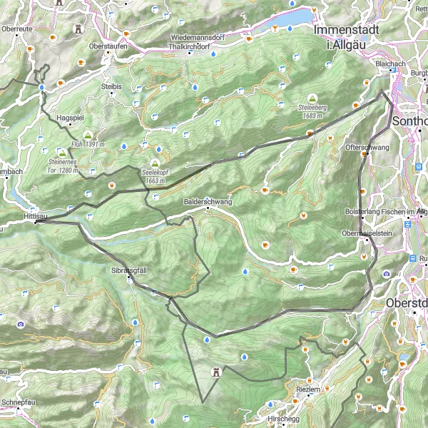 Miniatua del mapa de inspiración ciclista "Ruta de ciclismo en carretera desde Hittisau" en Vorarlberg, Austria. Generado por Tarmacs.app planificador de rutas ciclistas