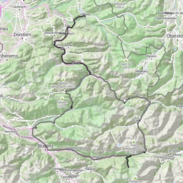 Miniatua del mapa de inspiración ciclista "Ruta épica por los Alpes" en Vorarlberg, Austria. Generado por Tarmacs.app planificador de rutas ciclistas