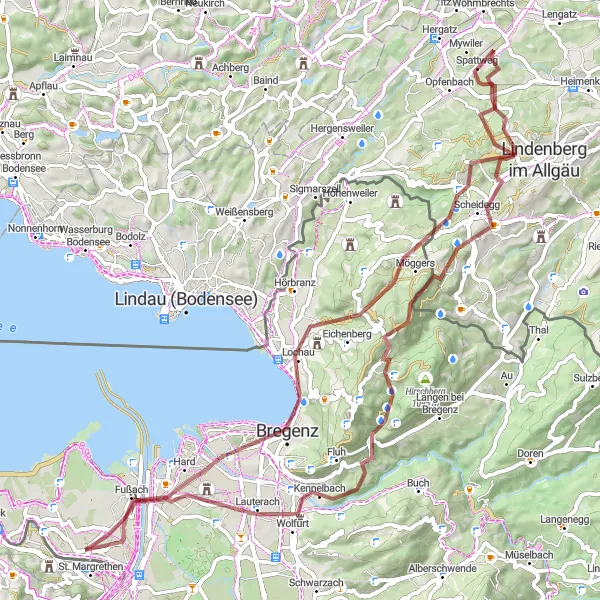 Karten-Miniaturansicht der Radinspiration "Höchst - Känzele - Kennelbach - Tatzen - Scheidegg - 1. Wasserfall - Möggers - Aussichtspunkt - Hard - Höchst (Schotter)" in Vorarlberg, Austria. Erstellt vom Tarmacs.app-Routenplaner für Radtouren