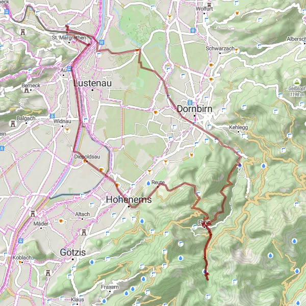 Miniaturní mapa "Extrémní gravelová výzva kolem Höchstu" inspirace pro cyklisty v oblasti Vorarlberg, Austria. Vytvořeno pomocí plánovače tras Tarmacs.app