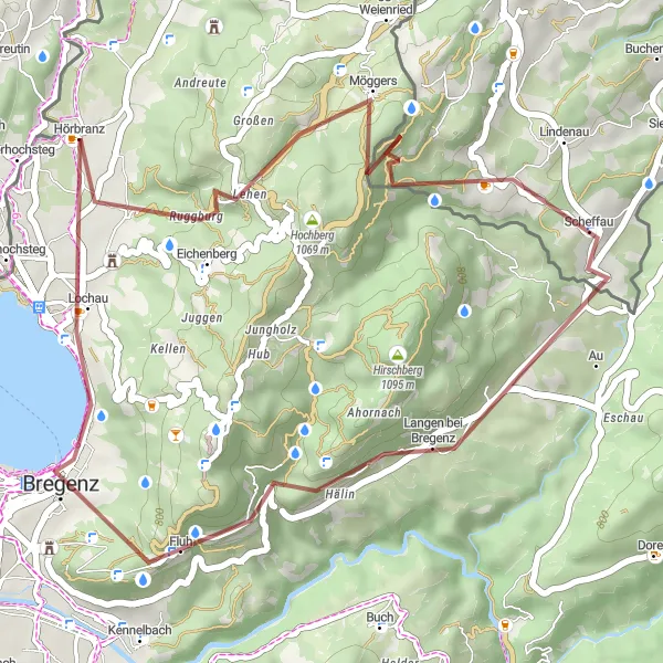 Miniatura della mappa di ispirazione al ciclismo "Esplorazione dell'entroterra tra Mӧggers e Bregenz" nella regione di Vorarlberg, Austria. Generata da Tarmacs.app, pianificatore di rotte ciclistiche