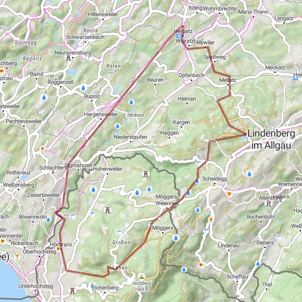 Karten-Miniaturansicht der Radinspiration "Gravel-Tour durch Hergatz und Möggers" in Vorarlberg, Austria. Erstellt vom Tarmacs.app-Routenplaner für Radtouren