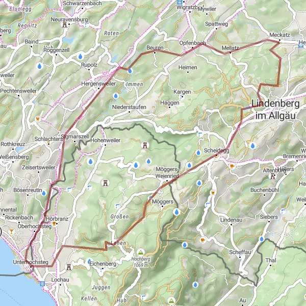 Karten-Miniaturansicht der Radinspiration "Gravel-Abenteuer um Hergensweiler und Opfenbach" in Vorarlberg, Austria. Erstellt vom Tarmacs.app-Routenplaner für Radtouren