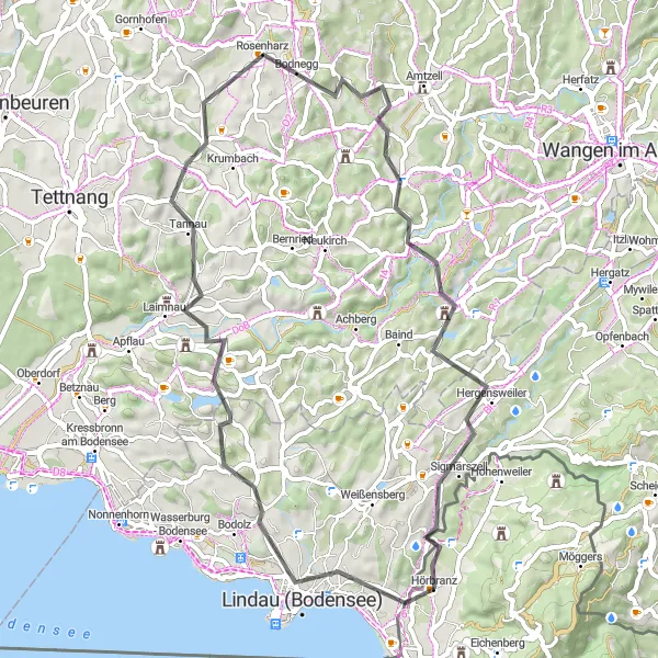 Miniatura della mappa di ispirazione al ciclismo "Giro in bicicletta tra Lindau e Hörbranz" nella regione di Vorarlberg, Austria. Generata da Tarmacs.app, pianificatore di rotte ciclistiche