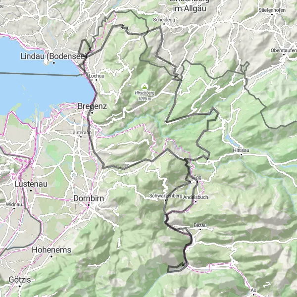 Karttaminiaatyyri "Maantie reitti Schwarzenbergin kautta" pyöräilyinspiraatiosta alueella Vorarlberg, Austria. Luotu Tarmacs.app pyöräilyreittisuunnittelijalla