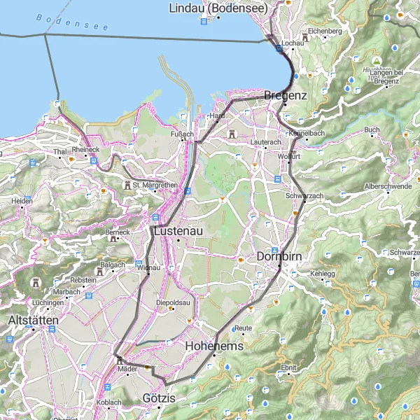Miniatura della mappa di ispirazione al ciclismo "Giro in bici da Hörbranz a Dornbirn" nella regione di Vorarlberg, Austria. Generata da Tarmacs.app, pianificatore di rotte ciclistiche