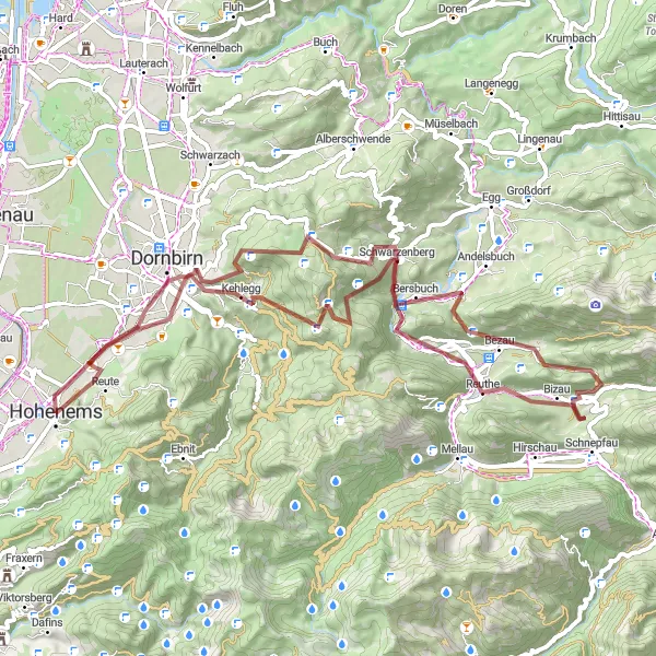 Miniatua del mapa de inspiración ciclista "Ruta de Cumbres y Valles" en Vorarlberg, Austria. Generado por Tarmacs.app planificador de rutas ciclistas