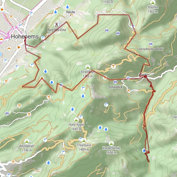 Zemljevid v pomanjšavi "Thrilling Gravel Cycling Experience around Hohenems" kolesarske inspiracije v Vorarlberg, Austria. Generirano z načrtovalcem kolesarskih poti Tarmacs.app