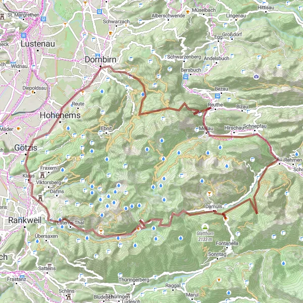 Map miniature of "The Gravel Grinder" cycling inspiration in Vorarlberg, Austria. Generated by Tarmacs.app cycling route planner