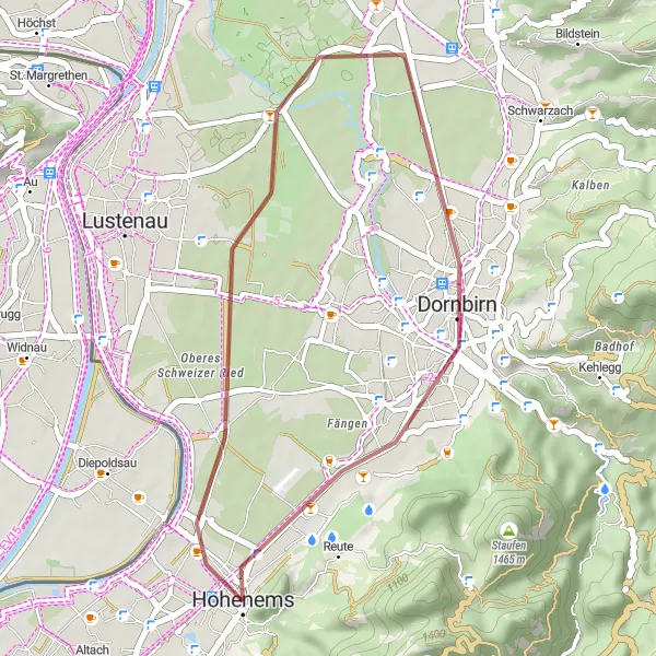 Miniatura della mappa di ispirazione al ciclismo "Gravel Hohenems Loop" nella regione di Vorarlberg, Austria. Generata da Tarmacs.app, pianificatore di rotte ciclistiche