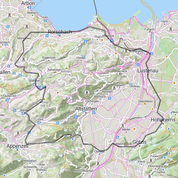 Karten-Miniaturansicht der Radinspiration "Die Bergtour von Hohenems nach Lustenau" in Vorarlberg, Austria. Erstellt vom Tarmacs.app-Routenplaner für Radtouren
