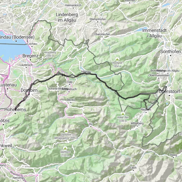 Karten-Miniaturansicht der Radinspiration "Große Runde um Hohenems mit Bergpanorama" in Vorarlberg, Austria. Erstellt vom Tarmacs.app-Routenplaner für Radtouren