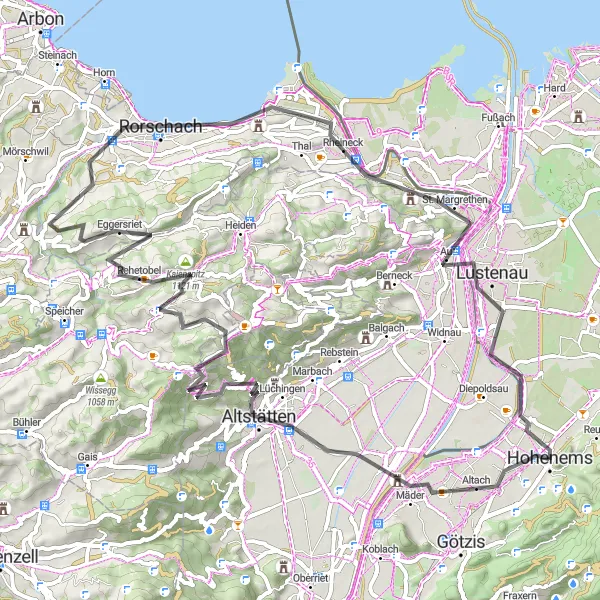 Kartminiatyr av "Hohenems - Lustenau - Rorschach loop" sykkelinspirasjon i Vorarlberg, Austria. Generert av Tarmacs.app sykkelrutoplanlegger
