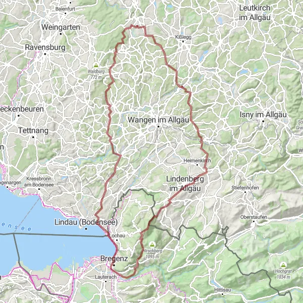 Miniature de la carte de l'inspiration cycliste "La grande aventure gravel de Bregenz" dans la Vorarlberg, Austria. Générée par le planificateur d'itinéraire cycliste Tarmacs.app