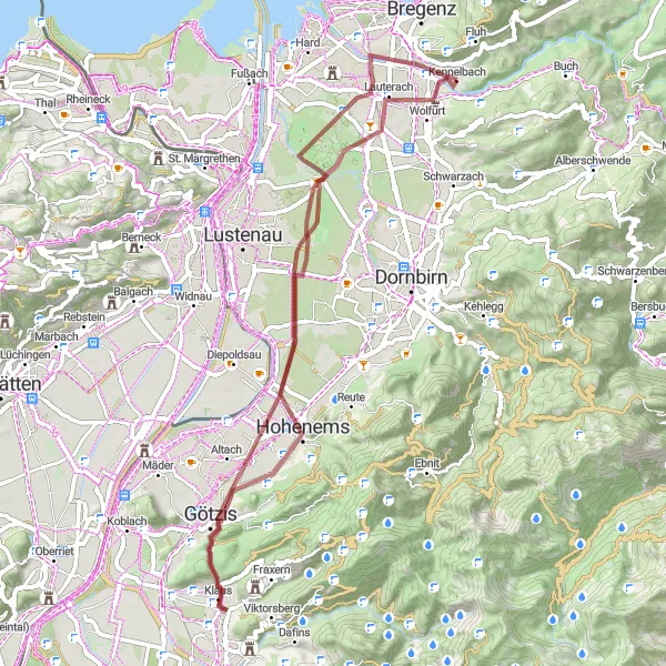 Miniatua del mapa de inspiración ciclista "Ruta de ciclismo de grava Kennelbach-Götzis-Palast Hohenems-Burg Hohenbregenz" en Vorarlberg, Austria. Generado por Tarmacs.app planificador de rutas ciclistas