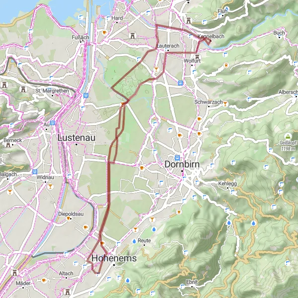 Karttaminiaatyyri "Alppilaaksojen sydämessä" pyöräilyinspiraatiosta alueella Vorarlberg, Austria. Luotu Tarmacs.app pyöräilyreittisuunnittelijalla