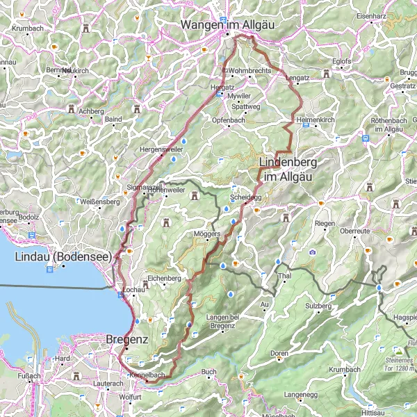 Miniatura della mappa di ispirazione al ciclismo "Avventura in bicicletta su sterrato da Kennelbach" nella regione di Vorarlberg, Austria. Generata da Tarmacs.app, pianificatore di rotte ciclistiche