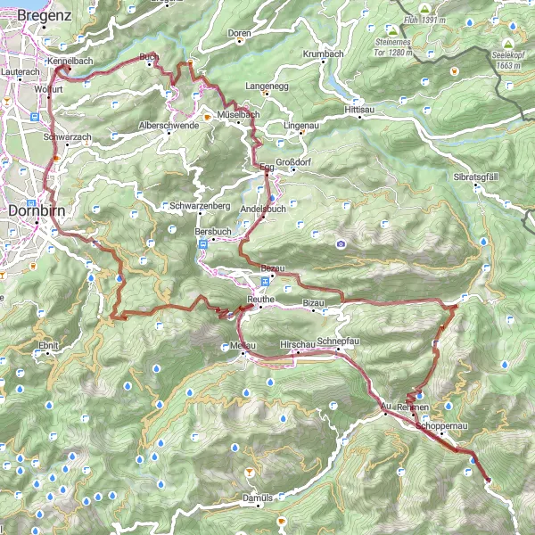 Map miniature of "Kennelbach-Andelsbuch Circular Gravel Adventure" cycling inspiration in Vorarlberg, Austria. Generated by Tarmacs.app cycling route planner