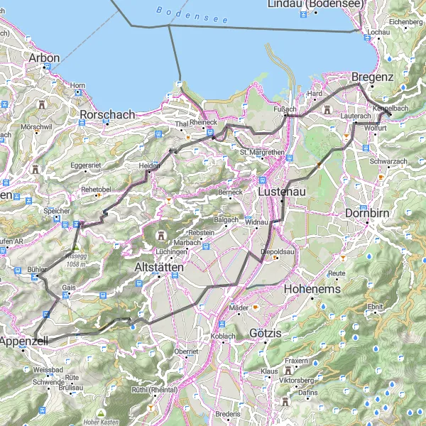 Miniatua del mapa de inspiración ciclista "Ruta de ciclismo de carretera Kennelbach-Lustenau-Wald AR-Rheineck" en Vorarlberg, Austria. Generado por Tarmacs.app planificador de rutas ciclistas