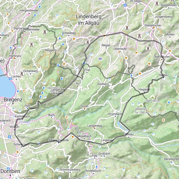 Miniatua del mapa de inspiración ciclista "Ruta de ciclismo de carretera Kennelbach-Langen bei Bregenz-Oberstaufen-Rotenberg" en Vorarlberg, Austria. Generado por Tarmacs.app planificador de rutas ciclistas