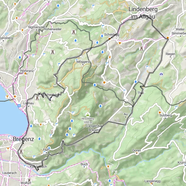 Miniatua del mapa de inspiración ciclista "Ruta de Ciclismo de Carretera hacia Scheidegg" en Vorarlberg, Austria. Generado por Tarmacs.app planificador de rutas ciclistas