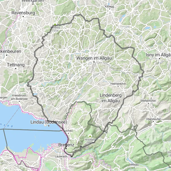 Map miniature of "Kennelbach-Lindau Alpine Road" cycling inspiration in Vorarlberg, Austria. Generated by Tarmacs.app cycling route planner