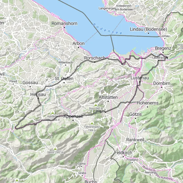 Miniatua del mapa de inspiración ciclista "Ruta de ciclismo de carretera Kennelbach-Wolfurt-Appenzell-Hard" en Vorarlberg, Austria. Generado por Tarmacs.app planificador de rutas ciclistas