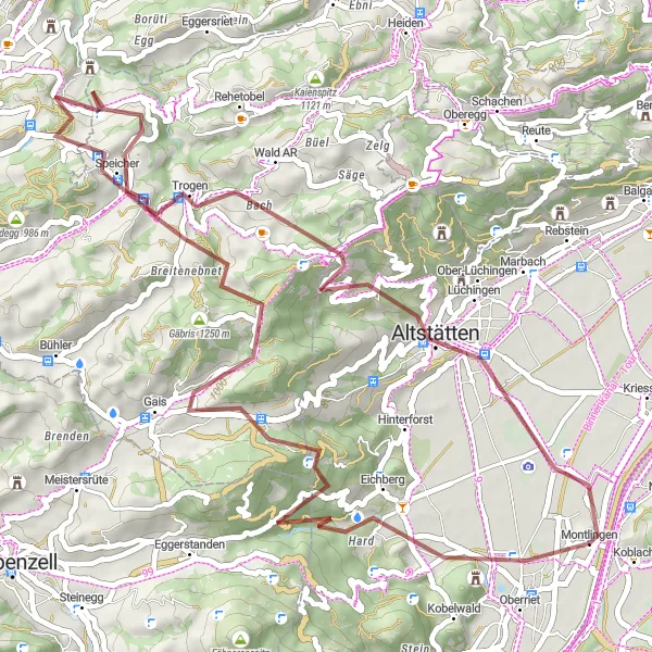 Miniaturní mapa "Cyklistická trasa Montlingen - Beobachtungsturm Spitzmäder" inspirace pro cyklisty v oblasti Vorarlberg, Austria. Vytvořeno pomocí plánovače tras Tarmacs.app